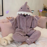 Foesce Women's Winter Pajamas Cartoon Home Clothes Kawaii Shark Pijamas Coral Fleece Home Suit Pyjamas Blue Purple Loungewear