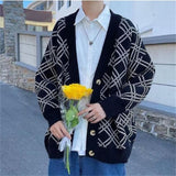 Foesce Men Sweater Cardigans Spring Autumn Fashion Argyle Print Tops Single-breasted V-neck Sweaters Tops