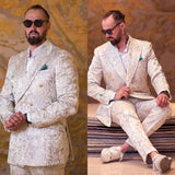 White 2 Pieces Jacquard Men Suit Blazer Pants Double Breasted Fashion Business Work Gentlemen Formal Causal Daily Prom Tailored