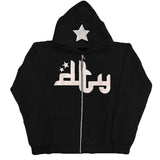 Foesce Star Letter Print Hoodie Men Retro Zip Up Long Sleeve Loose Jacket Coats Harajuku Casual Gothic Hooded Sweatshirt Y2K Streetwear