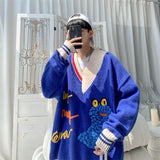 Cute Cartoon Embroidery Men Sweaters V Neck Patchwork Oversized Male Knitted Pullovers Autumn Winter Unisex 5XL Tops