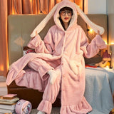 Foesce Pajama Sets Women Kawaii Flannel Warm Animal-ears Hat Loose Sleepwear Comfort Winter Thick Sweet Students Pajamas Long Sleeve