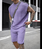 Foesce Streetwear Summer Men Fashion Outfits Knitted Solid Color Loose Two Piece Sets Mens Casual O Neck Pullover And Shorts Suits