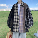 Men's Plaid Patchwork Casual Shirts Oversized Fashion Cardigan Harajuku Hip Hop Streetwear Autumn Male Blouses Y2K Clothes