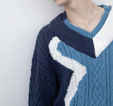 Winter Vintage Patchwork Knitted Sweater Harajuku Loose Blue V-Neck Hip Hop Streetwear Hip Hop Pullover Knit Sweater Men