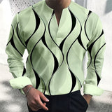 Men Casual Print V Neck Dress Shirts Long Sleeve Loose Collar Blouse Tops Tee