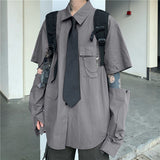 Gray Shirts Women Harajuku Detachable Sleeve Oversized Bf Gothic Blouse with Tie Vintage Streetwear Punk Autumn Shirt