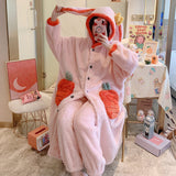 Foesce Pajama Sets Women Kawaii Flannel Warm Animal-ears Hat Loose Sleepwear Comfort Winter Thick Sweet Students Pajamas Long Sleeve