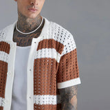 Fashion Striped Patchwork Men's Knit Shirts Summer Short Sleeve Turndown Collar Button Shirt Men Clothes Casual Knitted Top