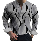 Men Casual Print V Neck Dress Shirts Long Sleeve Loose Collar Blouse Tops Tee