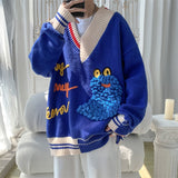 Cute Cartoon Embroidery Men Sweaters V Neck Patchwork Oversized Male Knitted Pullovers Autumn Winter Unisex 5XL Tops