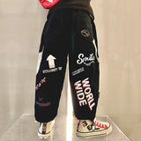 Boys KidsTrendy Letter Design Ribbon Trousers Pants Casual Cotton Multi-Pocket Cargo Pants Boy Hip Hop