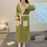 Women Long Thermal Jacquard Flannel Bathrobe With Belt Winter Warm Coral Velvet Bath Robe Soft Dressing Gown Female Sleepwear