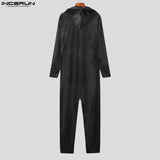 Men Pajamas Jumpsuits Velour Solid Hooded Long Sleeve Zipper Rompers Homewear Pockets Leisure Men SleepwearS-5XL 7