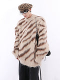 Foesce Niche Irregular Color Contrast Zebra Print Round Neck Men Sweater Loose Mohair Sweater Trend High Male Pullover