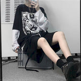 Long-sleeved T-shirt Autumn Korean Style Harajuku Bf Style Dark Girl Printing Loose Fake Two-piece Female Student Top Shirts