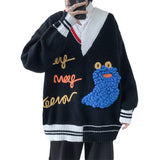 Cute Cartoon Embroidery Men Sweaters V Neck Patchwork Oversized Male Knitted Pullovers Autumn Winter Unisex 5XL Tops