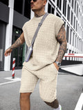 Foesce Streetwear Summer Men Fashion Outfits Knitted Solid Color Loose Two Piece Sets Mens Casual O Neck Pullover And Shorts Suits