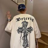 Cross on back short sleeve t-shirt men's summer hiphop chic cotton 5 / 4 sleeve chic ins retro t-shirt Factory Genuine foreo