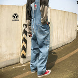 Korean Loose Jeans Men Overalls Bib Denim Jumpsuits Huge Straight Workwear Multi Pocket Wide Leg Cargo Pants Blue Trousers