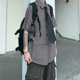 Gray Shirts Women Harajuku Detachable Sleeve Oversized Bf Gothic Blouse with Tie Vintage Streetwear Punk Autumn Shirt