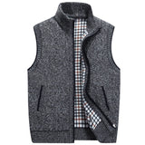 Men's Knitted Sweater Vest  Stand-Up Collar Zinpper 100% Cotton Soild Cardigans Autumn Sleeveless Top Casual Loose Golf Man Vest