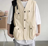 Men Vests Solid Button Down V Neck Sleeveless Loose Streetwear Male Waistcoats Korean Fashion Casual Vests S-5XL