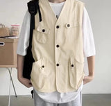 Men Vests Solid Button Down V Neck Sleeveless Loose Streetwear Male Waistcoats Korean Fashion Casual Vests S-5XL