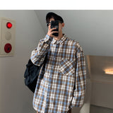 Foesce Mens Harajuku Plaid Vintage Shirts Man Japanese Streetwear Pockets Shirts Long Sleeve Male Casual Button Up Shirt