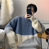 Stylish O-Neck Knitted Spliced All-match Korean Color Sweater Men's Clothing Autumn New Casual Pullovers Loose Warm Tops