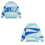 Letter Embroidery Striped Round Neck Knitted Sweater Men's Pullover Korean High Street Casual Oversize Couple Sweaters