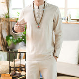 Chinese Linen Men's Sports Two Piece Party Suit Street Fashion Long Sleeve Trousers Beachwear Men's Suit