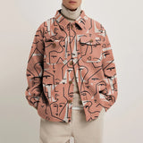 Men Coat Casual Hipster Spring and Autumn Abstract Face Color Printing Lapel Loose Pocket Single-breasted Long-sleeved Jacket