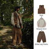 Vintage Setup Men's Set Cargo Pants Wide Leg Trousers Male Sets Japanese Vest Striped Shirt Wide Pants Men Tank Top