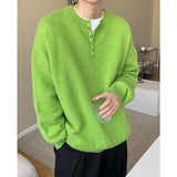 Winter New Solid Color Round Neck Pullover Green Sweater Men Korean Clothes Loose Casual Button Knitted Sweater Bottoming Shirt