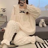 Warm Winter Flannel 2 Piece Set Women's Pajamas Thick Coral Fleece Long Sleeves Homewear Cute Bear Lapel Bow Female Sleepwear