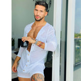 Men Playsuits Spring Summer Fashion Long Sleeve O-Neck Slim Fit Playsuits Men Sexy Single-Breasted Cardigan Straight Playsuits