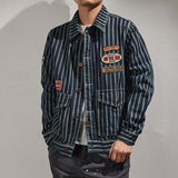 Cowboy men's American retro badge patch loose pocket tooling lapel striped jacket men's