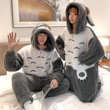 Foesce Winter Thicken Women Men Couple Pajamas Jumpsuits Cartoon Cat Kawaii Sleepwear Onesie Lover Pyjamas Hoodie Coral Fleece