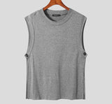 Men Vests Knitted Solid Color Round Neck Sleeveless Split Hem Casual Waistcoats Men Streetwear Button Tank Tops 5XL