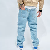 Simple Stylish Men Ripped Patch Hip Hop Loose Jeans Pants Streetwear Male Straight Denim Trousers