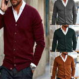 Foesce New Men's V-neck Knitted Cardigan Sweater Spring Autumn Fashion Casual Long Sleeve Warm Sweater Solid Color Buckle Versatile Top