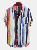 Summer Men Shirts  Multi Color Graffiti Chest Pocket Round Hem Loose Short Sleeve Shirts Chemise Beach Tops Tee