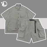 Summer Quick-drying Sets Men Japanese Multi Pocket Solid Color Shirt+Cargo Shorts Fashion Half Sleeve Loose Two Piece Set Unisex