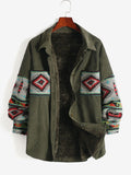 Fleece Lined Ethnic Aztec Printed Corduroy Shacket Women Drop Shoulder Button Up Shirt Jacket Autumn Casual Outerwear