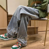 Men's Retro Embroidery Flame Jeans Neutral Wide Leg Denim Trousers Loose Straight  Man Jeans Pants Boy Casual Baggy Hip Hop