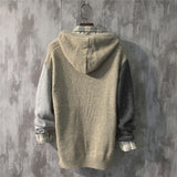 Foesce Fashion Hooded Knitted Spliced Asymmetrical Sweater Men's Clothing Autumn Loose New Casual Pullovers warm Tops