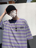 Urban Purple Striped Top Summer New O-neck Short-sleeved T-shirt Hong Kong Style Trend Men Korean Loose Unisex Y2K Shirt