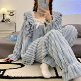 Warm Winter Flannel 2 Piece Set Women's Pajamas Thick Coral Fleece Long Sleeves Homewear Cute Bear Lapel Bow Female Sleepwear