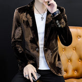 Autumn Winter Mens Suit Jacket Floral Print Velvet Material Casual Long Sleeve Jackets Fashion Male Slim Suit Jacket Men Blazer